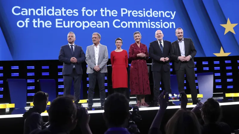 Jan Zahradil, Nico Cué, Franziska Kellerová, Margarethe Vestagerová, Frans Timmermans a Manfred Weber