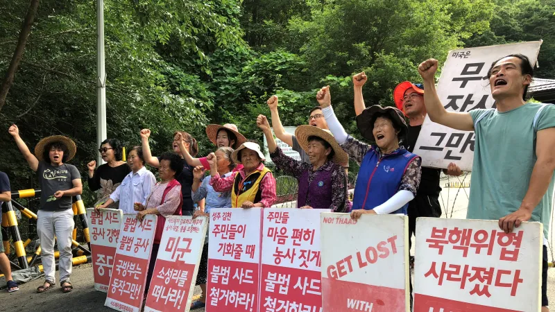 Jihokorejský protest proti umístění systému THAAD v zemi v roce 2018