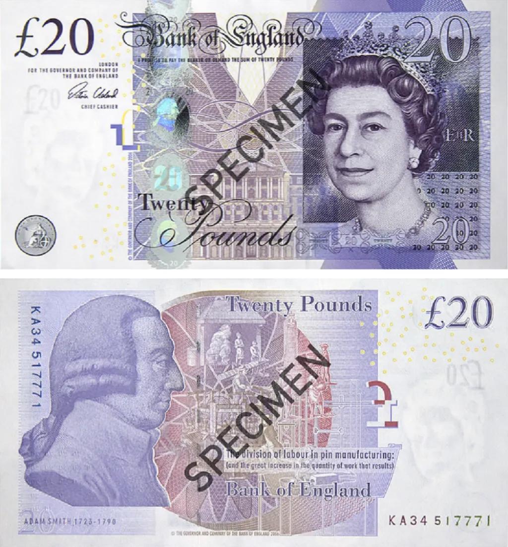 Bankovka série F s královnou Alžbětou II. a Adamem Smithem v hodnotě dvacet liber (v oběhu od 13. 3. 2007 do 30. 9. 2022)