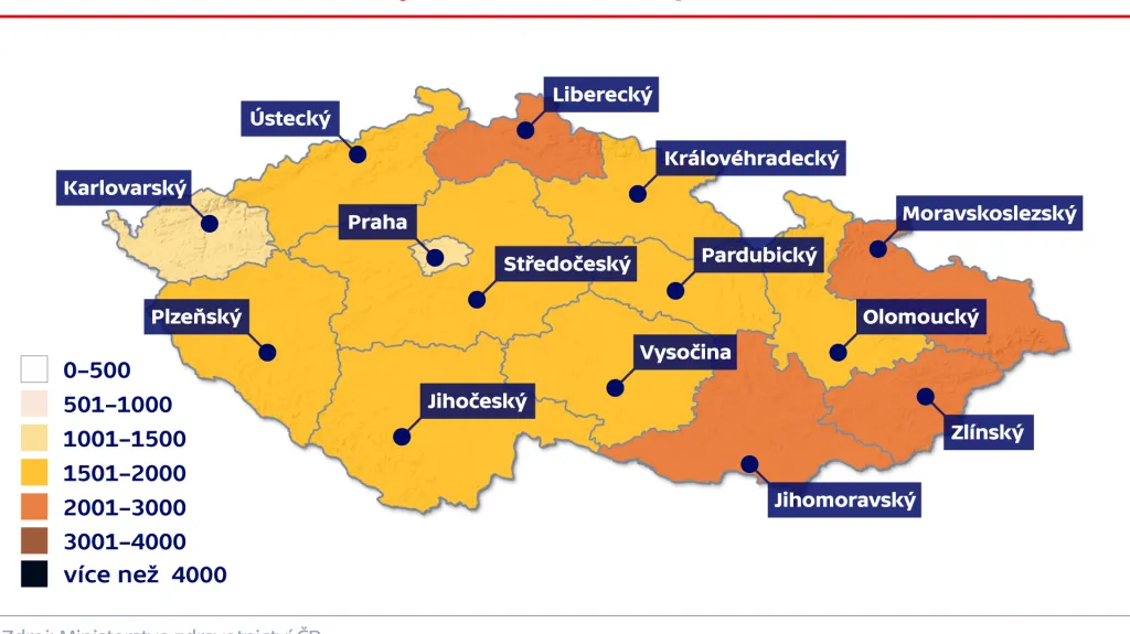 Relativní nemocnost v krajích na 100 000 obyvatel