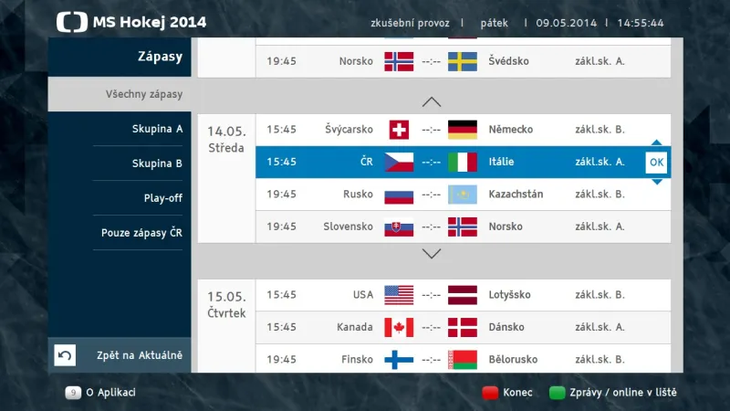 Přehled zápasů v aplikaci HbbTV