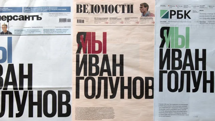 Ruské deníky s titulní stránkou na podporu Ivana Golunova