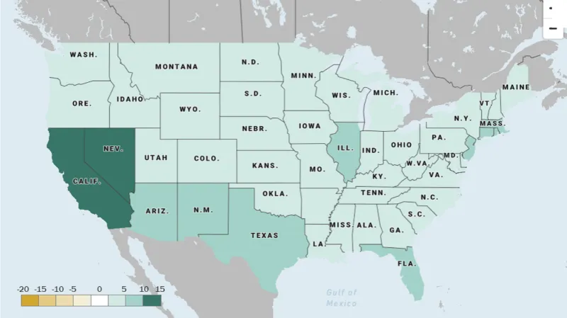 Nárůst zastoupení hispánských voličů v letech 2000–2018 v procentních bodech
