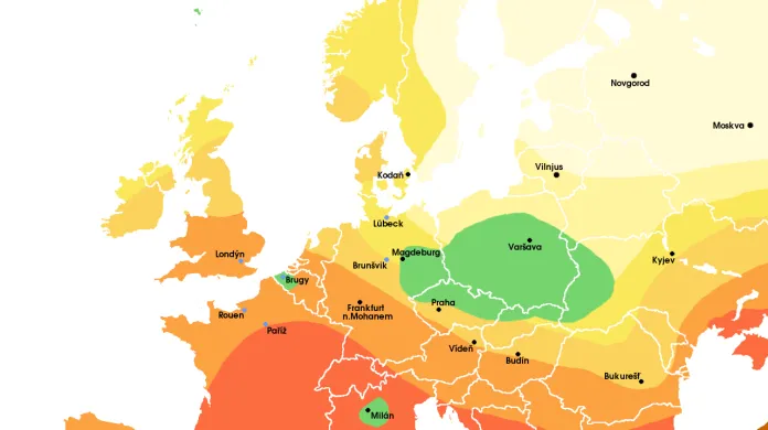 Mapa šíření černé smrti po Evropě