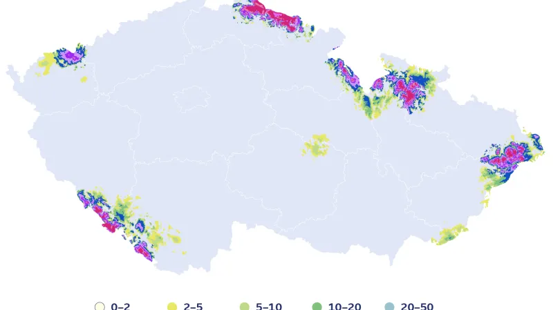 Mapa rozložení vodní hodnoty sněhu v ČR (k 19. dubnu 2021)