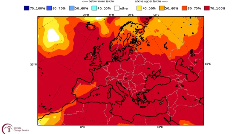Multimodelová sezonní předpověď ve formě pravděpodobnosti průměrné letní teploty v dané kategorii – drtivá většina kontinentu by s více než 70procentní pravděpodobností měla mít léto nadprůměrně teplé