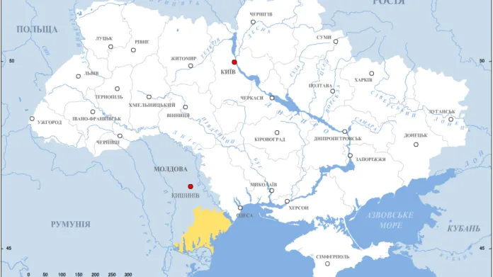 Budžak na mapě Ukrajiny (žlutě)