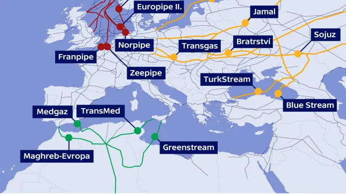 Hlavní toky plynu do Evropy