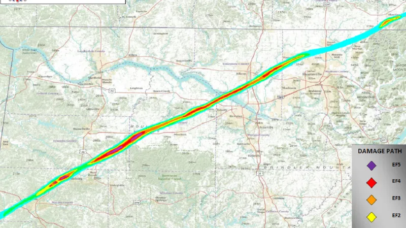 Dráha nejničivějšího (Hackleburgského) tornáda na konci dubna 2011. Znázorněna je i intenzita podél jeho dráhy