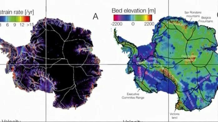 Počítačová mapa proudění ledovců na Antarktidě