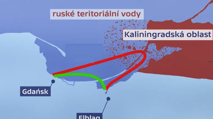 Trasa po otevření Viselského průplavu (zeleně) ve srovnání s trasou před ním (červeně)