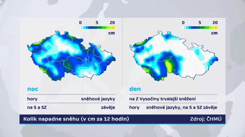 Sněžení zasáhne ve středu hlavně západní Vysočinu