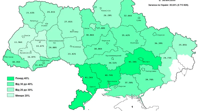 Zisk Volodymyra Zelenského v ukrajinských oblastech v prezidentských volbách v roce 2019