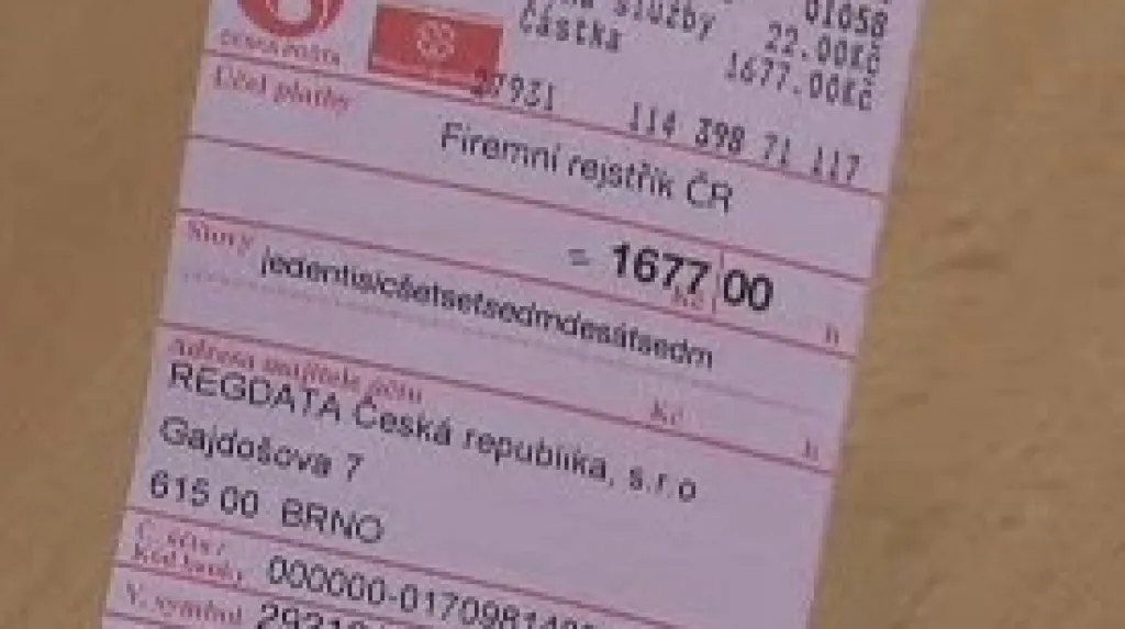 Složenka na poplatek firmě Regdata
