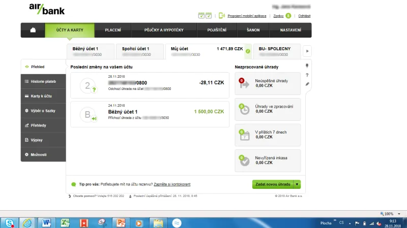 Odchozích 28,11 Kč z účtu Air bank