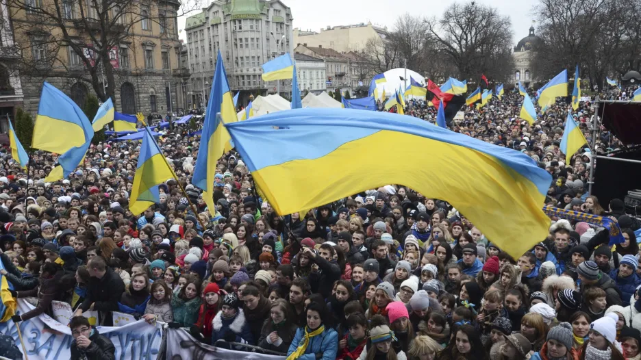 Demonstrace v centru Lvova
