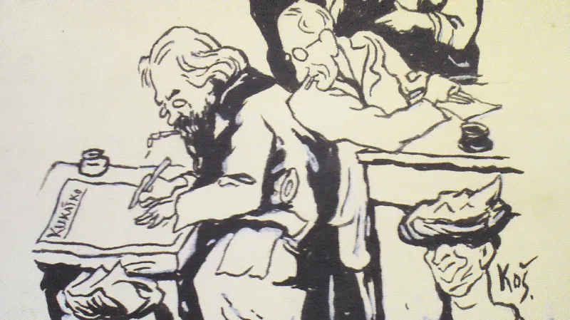 Karikatura V. Košvance: A.Macek v redakci Rudého práva s A. Zápotockým, B. Šmeralem a J. Horou. (Odpadkový koš vpravo dole nese rysy autora V. Košvance.