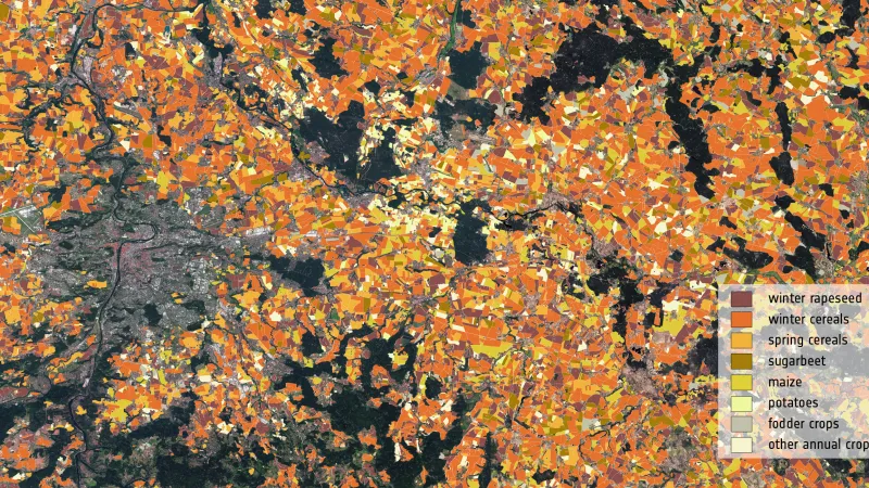 Satelitní mapa plodin ve středních Čechách