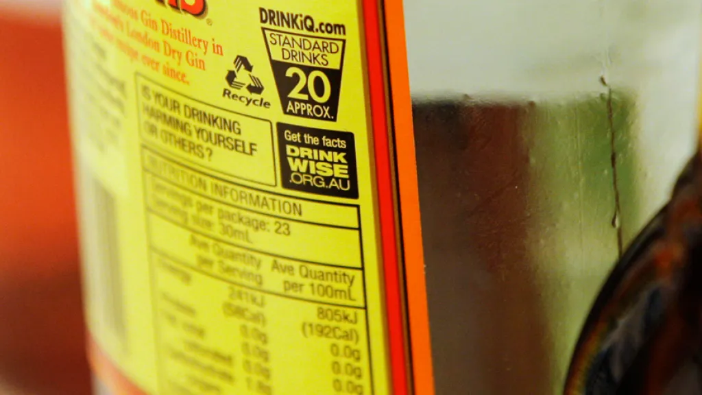 Zdravotní varování na australské lahvi s alkoholem