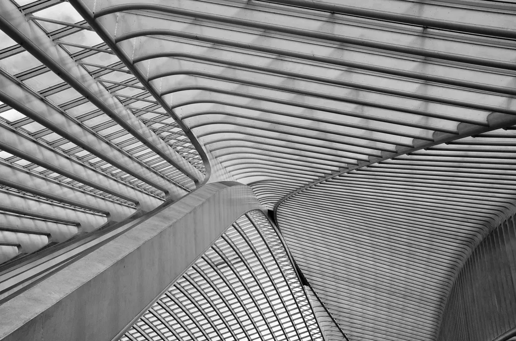 Strop vlakového nádraží Liège-Guillemins od Santiaga Calatravy v belgickém městě Lutych