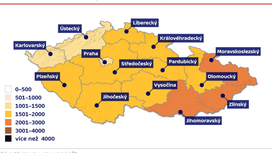 Relativní nemocnost v krajích na 100 000 obyvatel