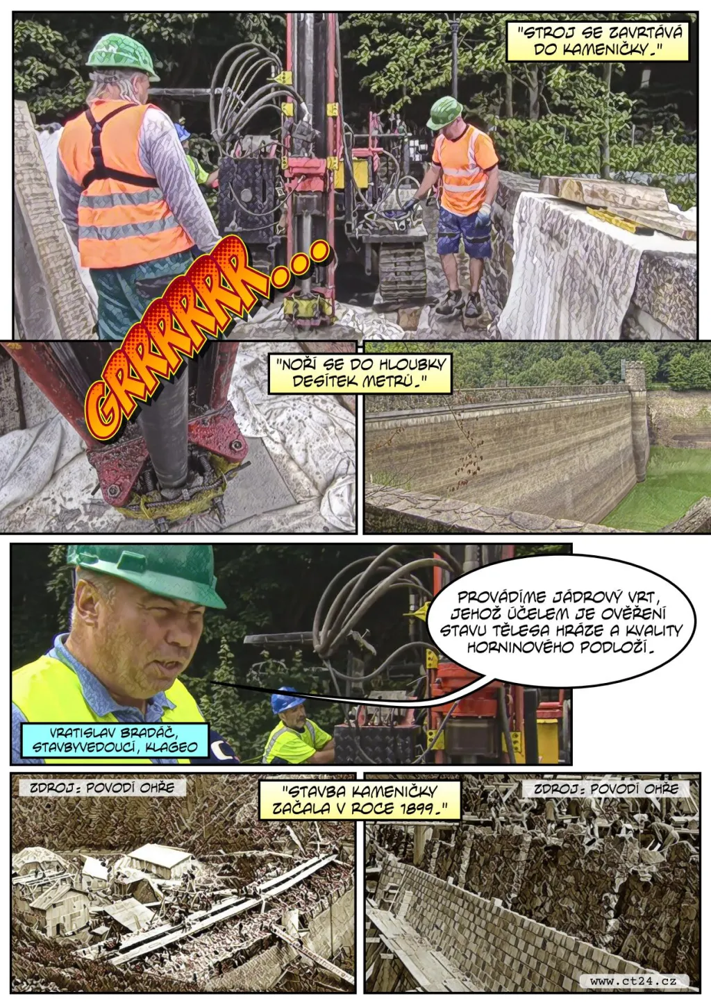Těžké stroje vrtají do hráze staré přes sto let. Kameničku na Chomutovsku čekají opravy