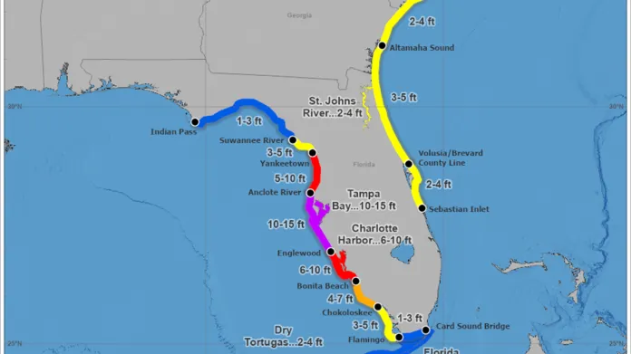 Očekávané nejvyšší hladiny vzdutí moře v souvislosti s hurikánem Milton (10 feet znamená přibližně 3 metry)
