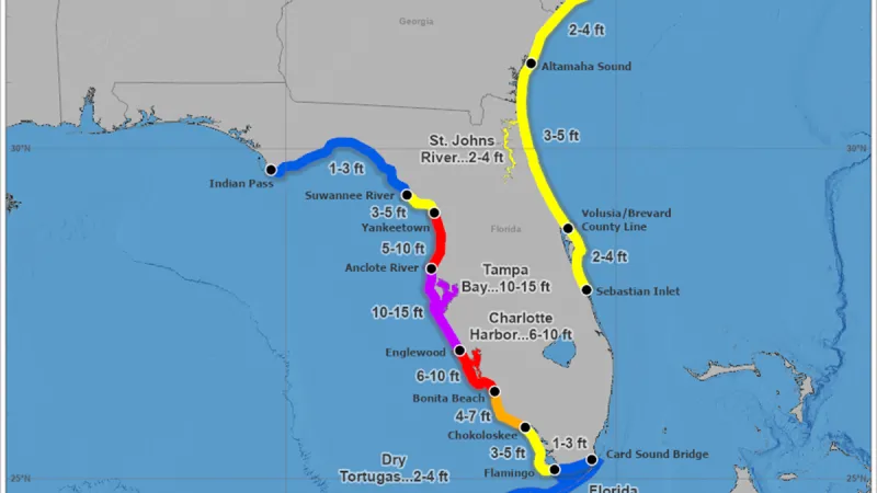 Očekávané nejvyšší hladiny vzdutí moře v souvislosti s hurikánem Milton (10 feet znamená přibližně 3 metry)