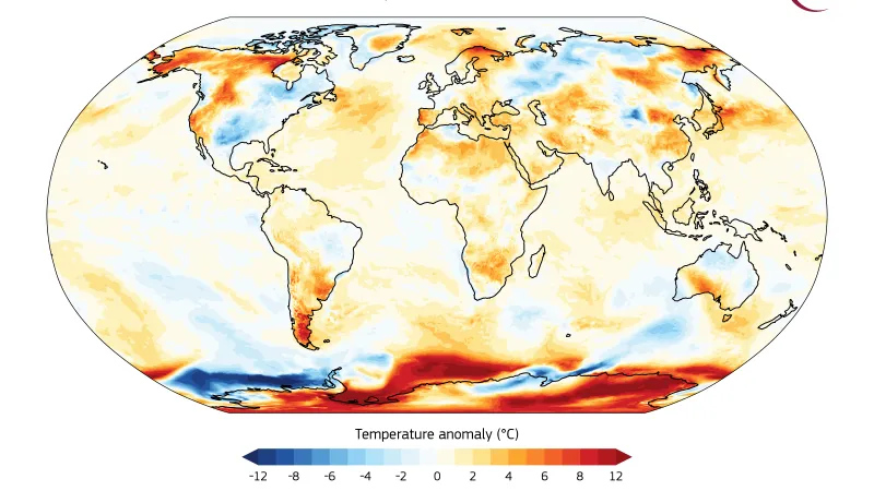 Odchylka povrchové teploty Země od průměru let 1991–2020 pro 23. července 2024