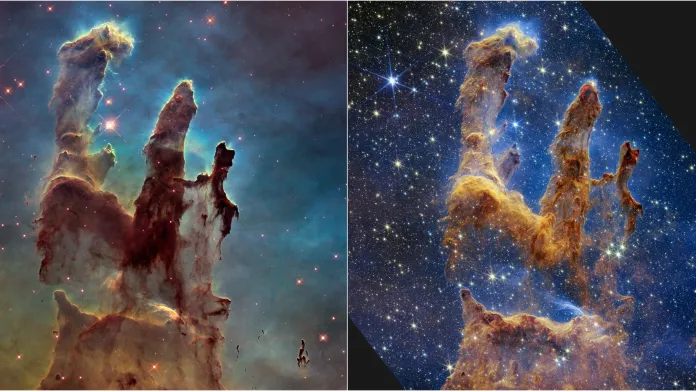 Snímky Orlí mlhoviny z Hubbleova dalekohledu (1995) a z Webbova teleskopu (2022)