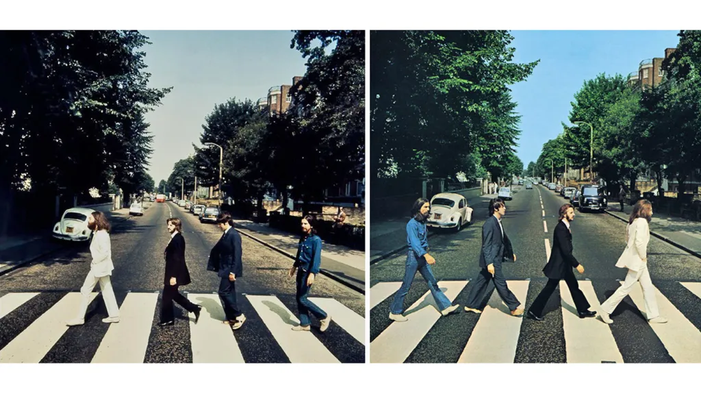 Dražený snímek Beatles (vlevo) - a jeho známá verze z alba Abbey Road