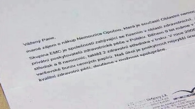 Polský investor chce koupit ztrátovou nemocnici v Opočně, kraj to odmítl.