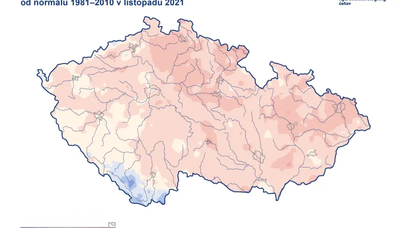 Odchylka průměrné měsíční teploty vzduchu v listopadu od normálu 1981-2010