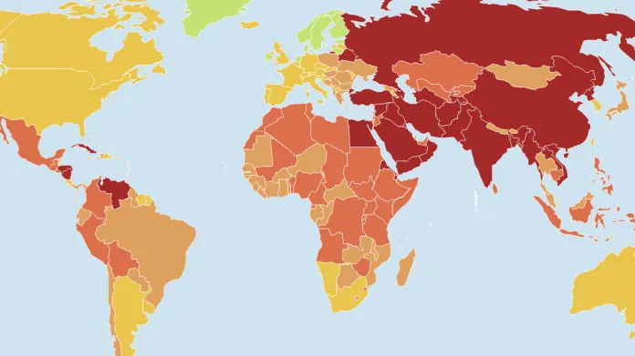 Index svobody tisku (čím červenější, tím méně svobody)