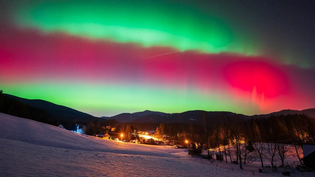 Polární záře nad Starými Hamry v Beskydech