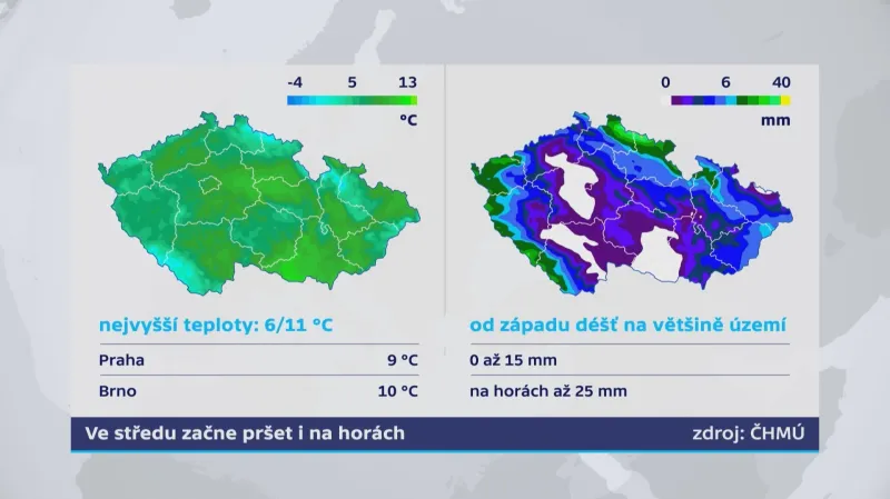 Ve středu začne pršet i na horách