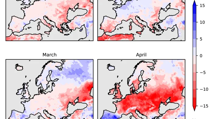 Odchylky půdní vlhkosti (%) za leden až duben 2020 ve srovnání s příslušným měsíčním průměrem pro roky 1981–2010