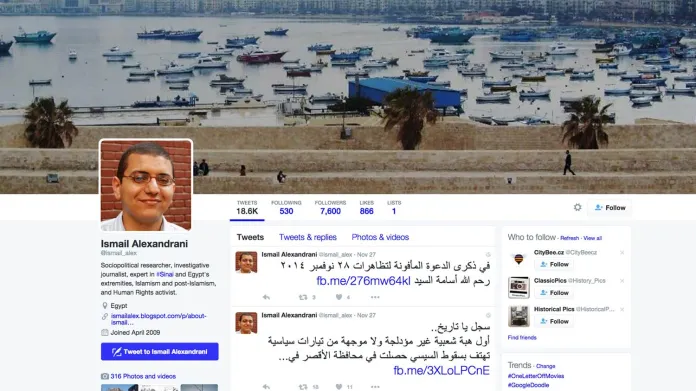Twitter uvězněného novináře Ismaila Alexandraniho
