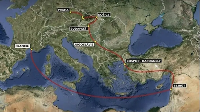 Mapa cesty Horáka a Stříbrného do Francie