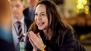 Venezuelská opoziční lídryně María Corina Machadová při setkání s příznivci v Oslu