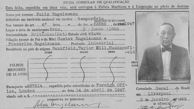 Brazilské vízum Felixe Engelsmanna (je na něm jeho zřejmě jediná dochovaná portrétní fotografie)