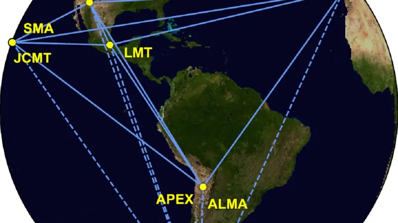 Rozmístění osmi teleskopů, které společně vyfotily černou díru