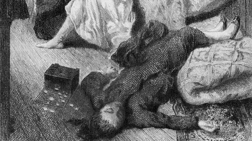Ilustrace z knihy Vraždy v ulici Morgue (1870)