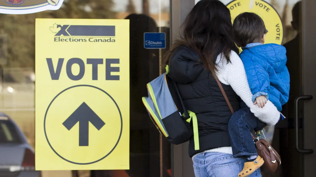 Vchod do volební místnosti v kanadském Calgary