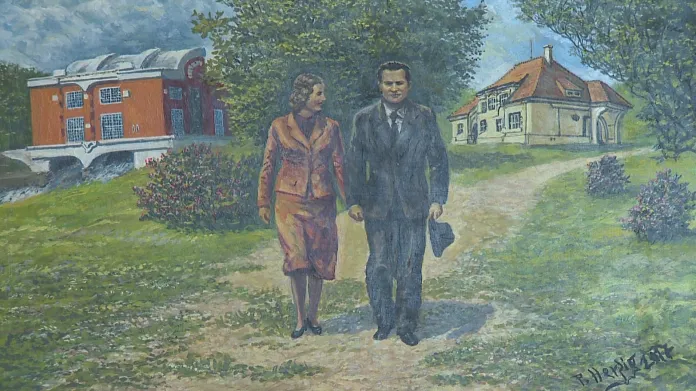 Obraz manželů Plhákových s vilou a elektrárnou v pozadí