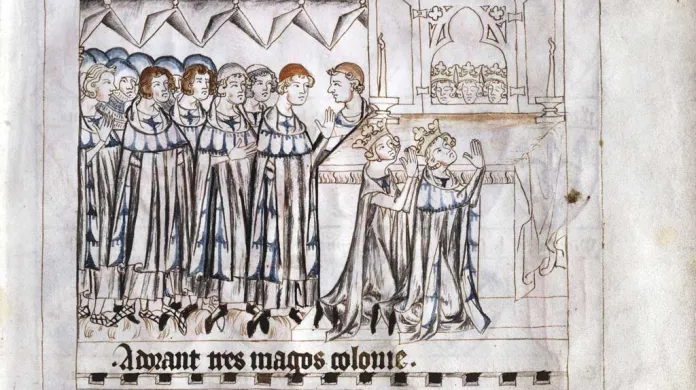Petr z Aspeltu oddává Jana a Elišku před hlavním oltářem císařského dómu ve Špýru. (ilustrovaná kronika Balduina Lucemburského)