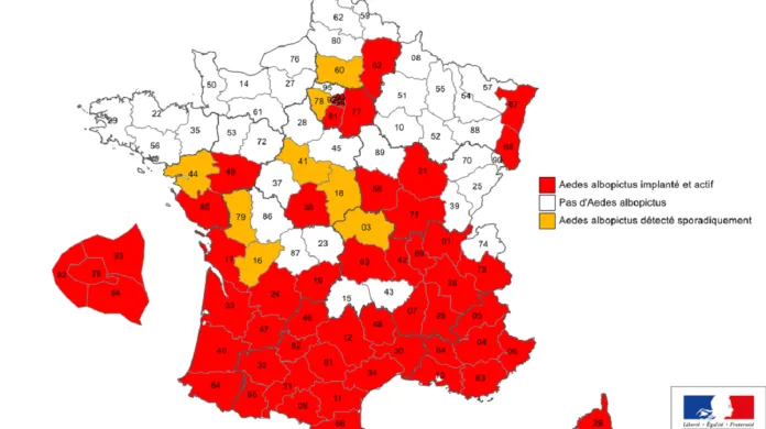 Rozšíření komárů tygrovaných ve Francii (červená: aktivní výskyt, žlutá: sporadický výskyt)