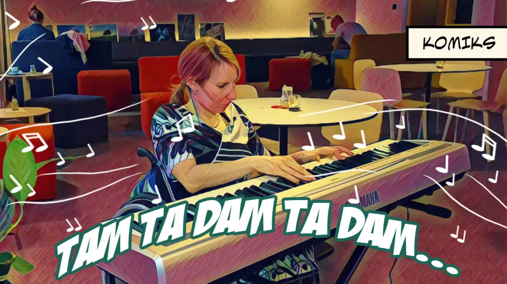 Titulní strana komiksu - hra na klavír