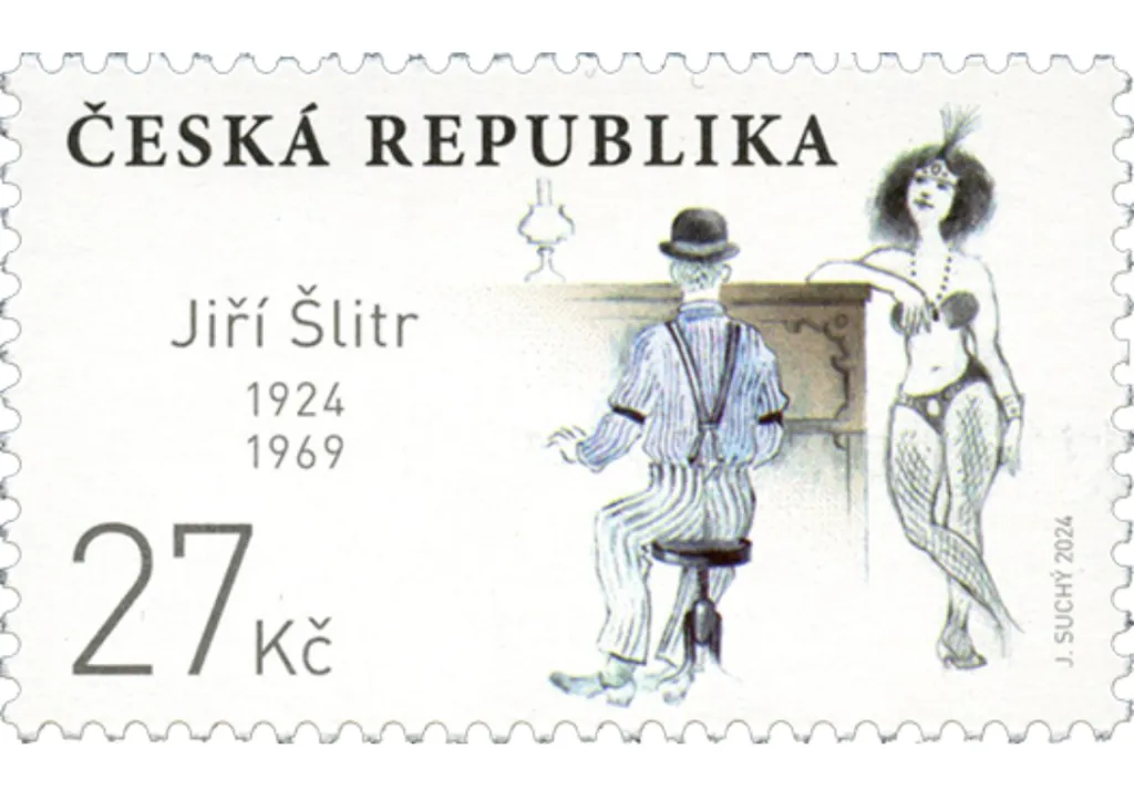 Divadelník a hudebník Jiří Šlitr na známce, vydané v roce 2024 ke stému výročí jeho narození, sedí v typické buřince u pianina, o které se opírá dívka z revue. Jedná se o výjev z inscenace Jonáš a tingltangl v Divadle Semafor. Autorem kresby není nikdo jiný než spoluzakladatel této scény Jiří Suchý. „Šlitr byl komik, tak známka, na které je vyobrazený zezadu, je v duchu jeho profese,“ nepochyboval Suchý o tom, že by vlastní vyobrazení jeho kolegu potěšilo