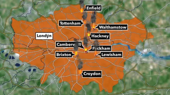 Mapa londýnských oblastí postižených nepokoji